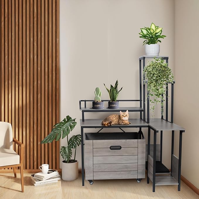 IDEALHOUSE 2024 New Hidden Litter Box Furniture - Cat Litter Box Enclosure Furniture with Flower Stand, Pullable Carring Tray, Coner Plant Stand, Corner Wooden Cat Washroom