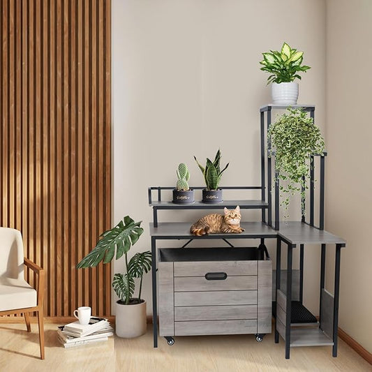 IDEALHOUSE 2024 New Hidden Litter Box Furniture - Cat Litter Box Enclosure Furniture with Flower Stand, Pullable Carring Tray, Coner Plant Stand, Corner Wooden Cat Washroom