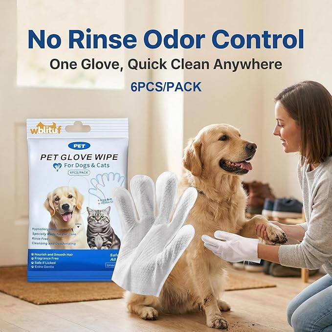 Pet Cleaning Gloves (6 Count) | Extra Thick Disposable Grooming Gloves with Aloe & Jojoba Oil, Waterless No-Rinse Odor Control, Lick-Safe Five-Finger Design for Cats & Dogs