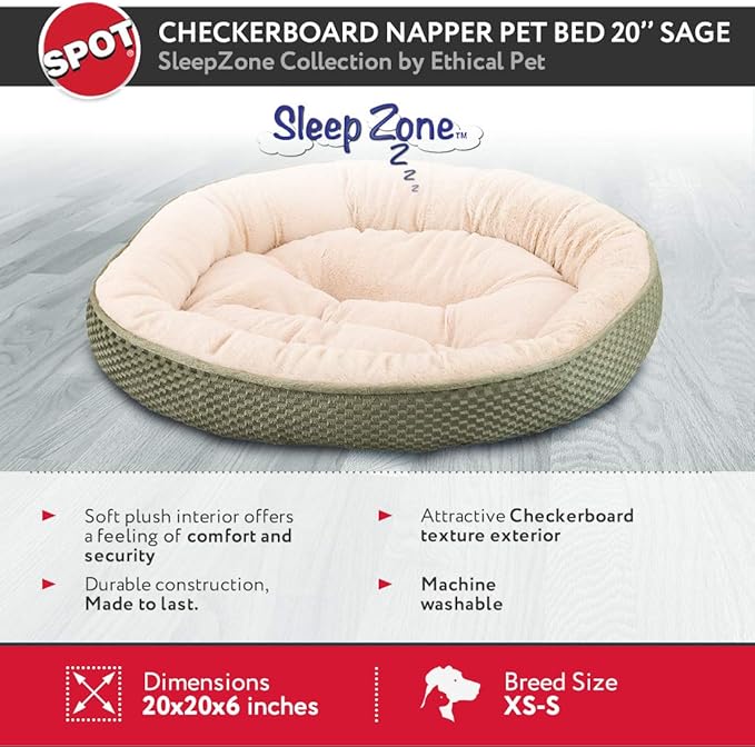 SPOT Sleep Zone Plush Checkerboard Texture Lounger, Cuddler, Napper Dog Bed - Non-Woven Bottom - 20X20 Inches/Sage/Attractive, Durable, Comfortable, Washable