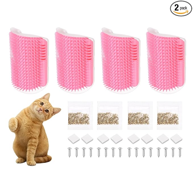 Self Grooming Cat Brush, Cat Self Groomer Scratcher with Catnip Softer Scratchers Wall Corner Groomer Massage Combs (2Pcs, S, Pink) for Long Short Fur Pets/Kittens/Puppies