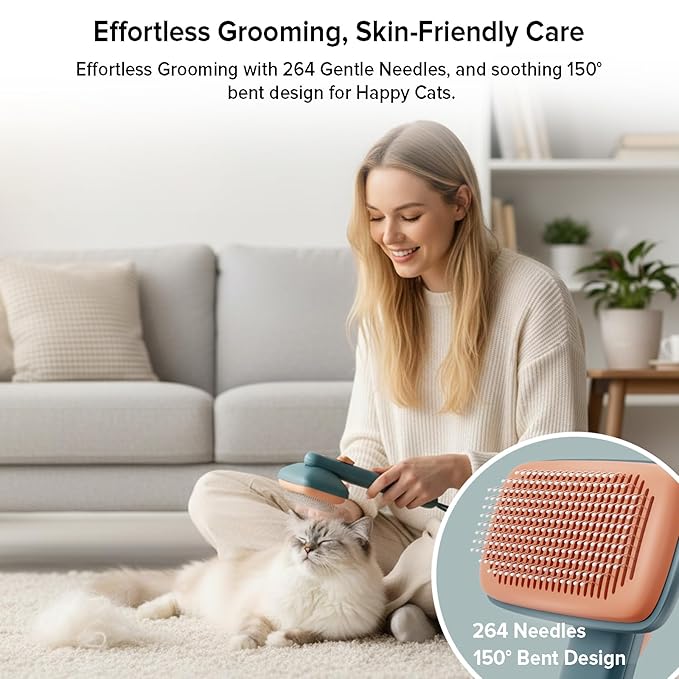 Cat Brush for Shedding, Industry-First Adjustable Cat Brushes for Indoor Cats, Self-Cleaning Slicker brush, 264 Skin-Friendly Needles for Long or Short Haired Dogs, Perfect for Deshedding (Green)