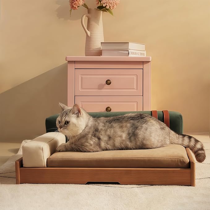 GDFStudio 24.8" Modern Wooden Pet Bed for Cats and Dogs, Oak Veneer Frame with Washable Cushion, Scratch-Resistant Fabric, Elevated Pet Sofa Bed with Non-Slip Feet and Hanging Toy for Indoor Pets