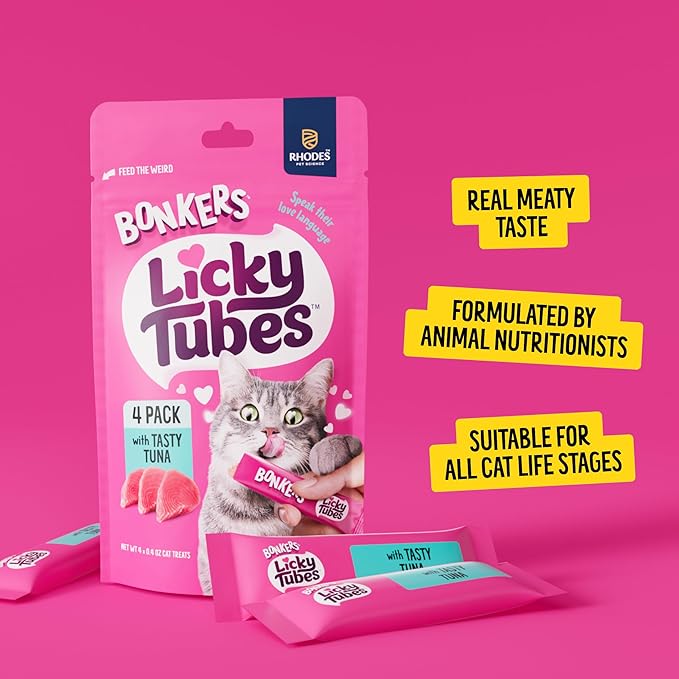 Bonkers Licky Tubes Tuna Flavored Wet Lickable Treats for Cats, 4 Pack (Pack of 15)
