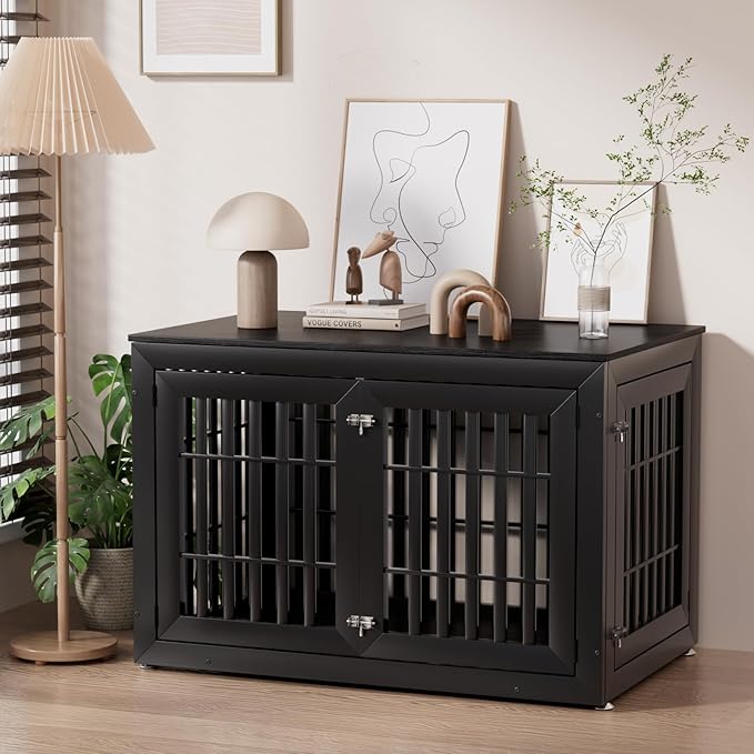 Snuowu 48" Heavy-Duty Dog Crate Furniture for Large Dogs, XXL Wooden Dog Cage Kennel Indoor Furniture, Decorative Pet House End Table, Black