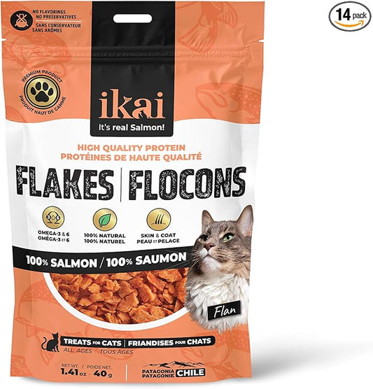 IKAI - 100% Natural Flakes Cat Treats - Single Ingredient: Patagonian Salmon from Chile, Hypoallergenic, with Omega 3 & 6 for Healthy Skin & Glossy Coat, Dehydrated, Grain-Free - 1.41 Oz (14)