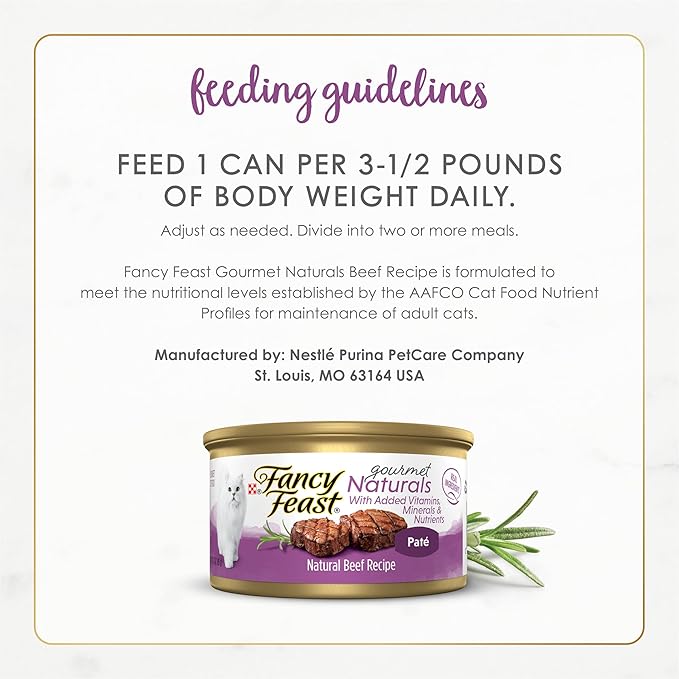 Purina Fancy Feast Pate Wet Cat Food Gourmet Naturals Beef Recipe With Added Vitamins, Minerals and Nutrients - (Pack of 12) 3 oz. Cans