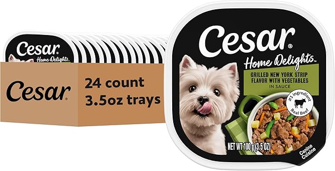 Cesar Home Delights Adult Wet Dog Food, Grilled New York Strip Flavor with Vegetables in Sauce, 3.5 oz. Easy Peel Dog Food Tray, 24 Count (Pack of 1)