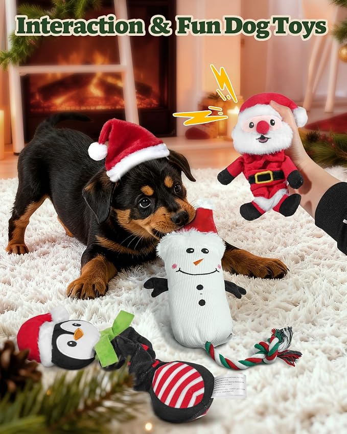 Swooflia 5 Pcs Christmas Dog Toys Stocking Stuffers - Cat Hat Plush Squeaky Dog Toys for Small Dog Cat Puppy Pet to Keep Them Busy and Celebrate Xmas (Not for Big & Aggressive Chewer)