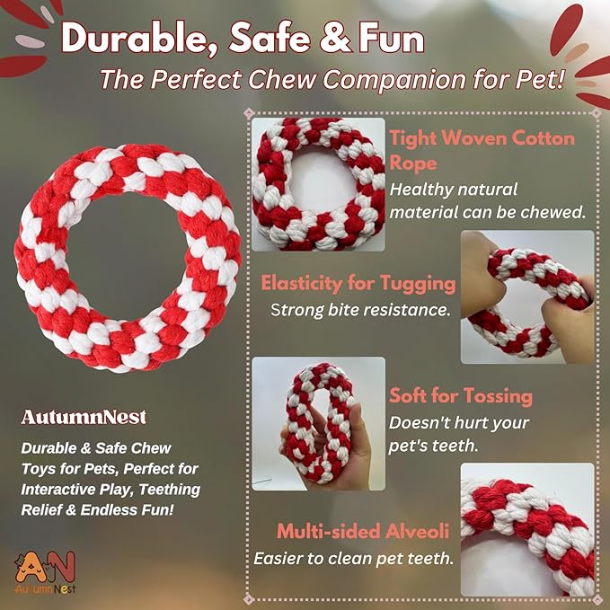 Woven Round Donut Pet Rope Toys, 4.8-inch Red Durable Cotton Pet Chew Toys for Dogs & Cats, Heavy Duty, Safe & Non-Toxic, Chew Toys for Pets, Teething Relief & Interactive Play