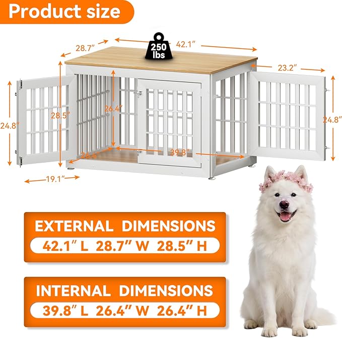 Snuowu 42" Heavy-Duty Dog Crate Furniture for Large/Medium Dogs, XL Wooden Dog Cage Kennel Indoor Furniture, Decorative Pet House End Table,White & Wood