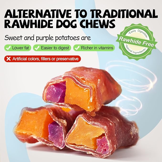 Sweet Potato Dog Treats, Duck Wrapped Sweet Potato and Purple Potato, Rawhide Free and Grain Free 10.6 oz