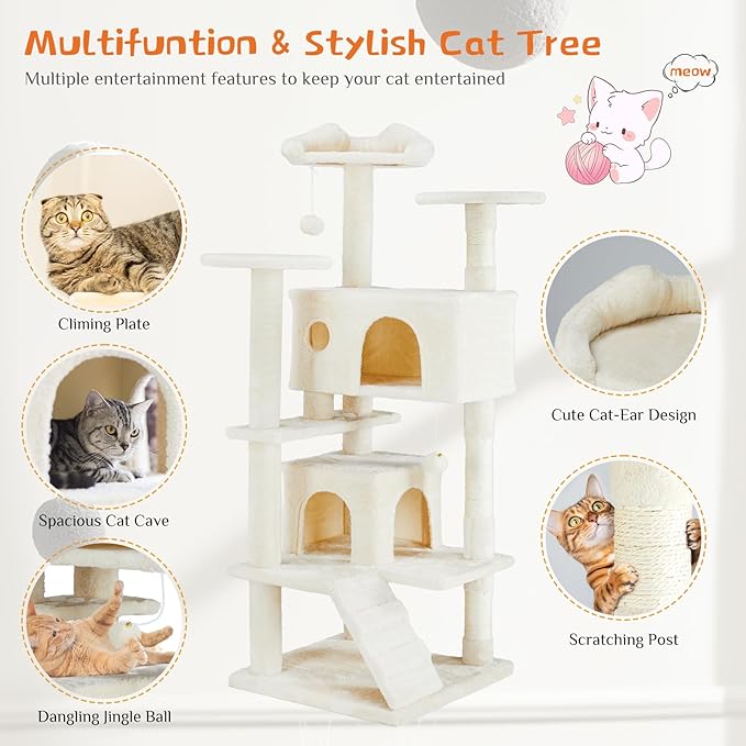 Hexago 54 Inch Cat Tree Tower for Indoor Cats, Multi-Level Cat Condo with Scratching Posts, Climbing Ladder, Plush Hammock, and Toy Ball, Stable Cat Play House Furniture, Beige