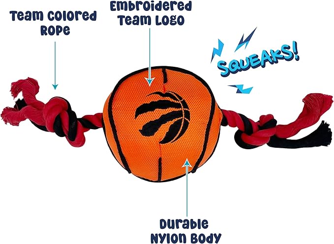Pets First NBA Toronto Raptors Basketball Toy. - Tough Nylon Pet Toy with Tug Ropes & Inner Squeaker, one Size