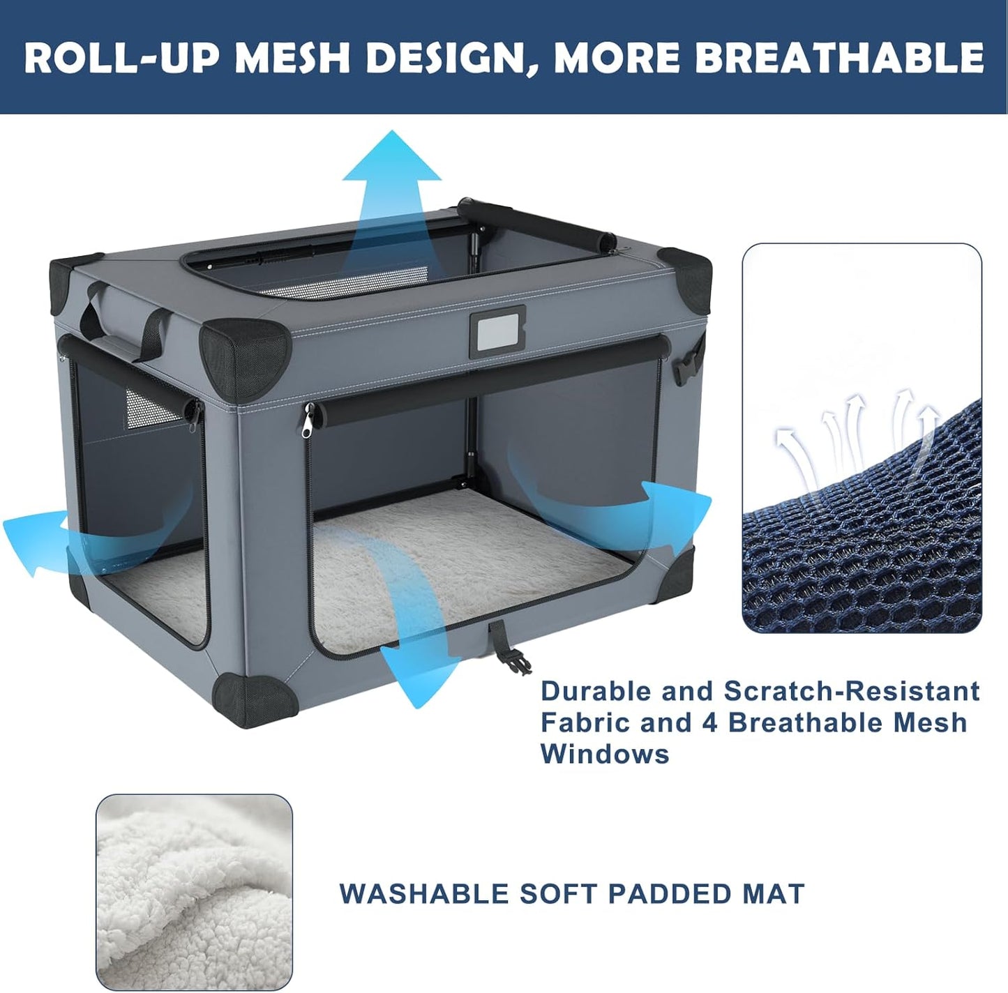 36 Inch Soft Dog Crates, Portable Travel Crate for Large Dogs, 3-Door Foldable Soft Kennel with Mesh Windows for Indoor & Outdoor Travel, with Blanket and a Foldable Bowl