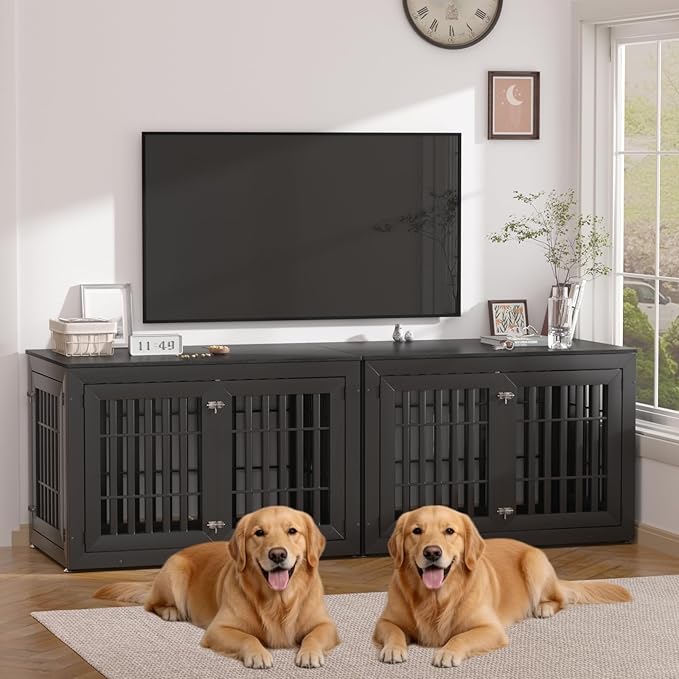 Snuowu 48" Heavy-Duty Dog Crate Furniture for Large Dogs, XXL Wooden Dog Cage Kennel Indoor Furniture, Decorative Pet House End Table, Black
