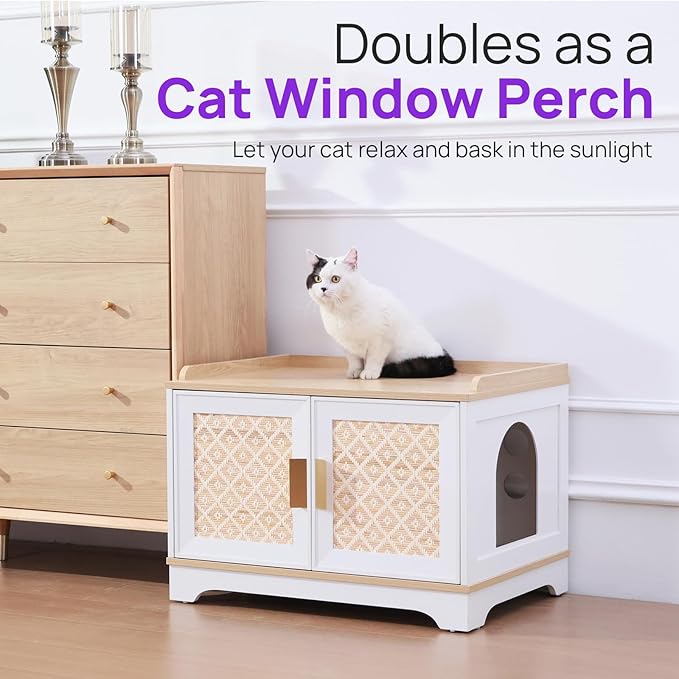 Boho Cat Litter Box Enclosure Furniture, Hidden Litter Box Cabinet with Rattan Doors, Modern Cat Washroom, Wooden Cat House with Reversible Entrance & Top Perch (29.6”L x 21”W x 20.8”H)