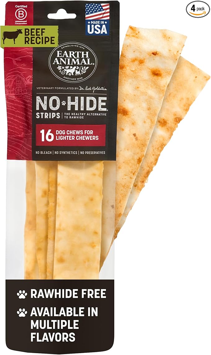 Earth Animal No Hide Strips - Natural Rawhide Free Dog Chew Strips, Beef - 16 Count