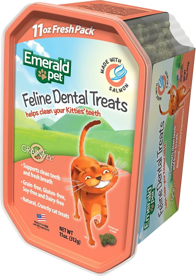 Emerald Pet Grain-Free Cat Dental Treats with Salmon – Crunchy Natural Dental Treats for Cats to Clean Teeth, Freshen Breath, and Reduce Plaque & Tartar – 11 oz Tub
