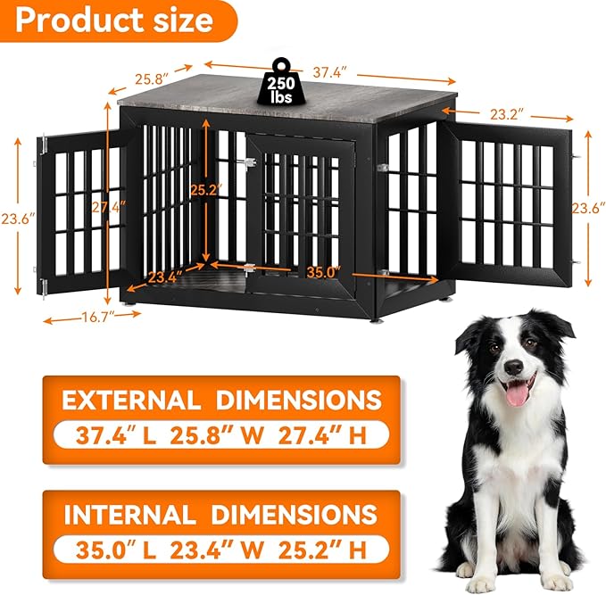 Snuowu 38" Heavy-Duty Dog Crate Furniture for Large/Medium Dogs, Rustic Wooden Dog Cage Kennel Indoor Furniture, Decorative Pet House End Table, Black & Grey