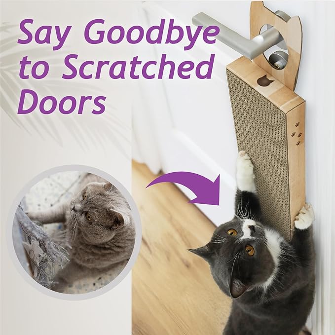 Necoichi Cardboard Hang & Scratch Doorknob Cat Scratcherfor Indoor Cats - Cat Scratching Board, Cat Scratch Pad Lounger with Reversible Usability and Extra Comfort for Wall (Oak)