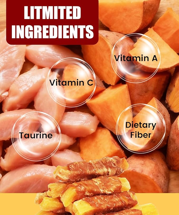 Chicken Wrapped Sweet Potato Dog Treats, Rawhide Free Chicken Jerky Training Treats for Dogs, Limited Ingredient, Grain Gluten Free, Low Fat High Protein with Taurine, 10.6 oz