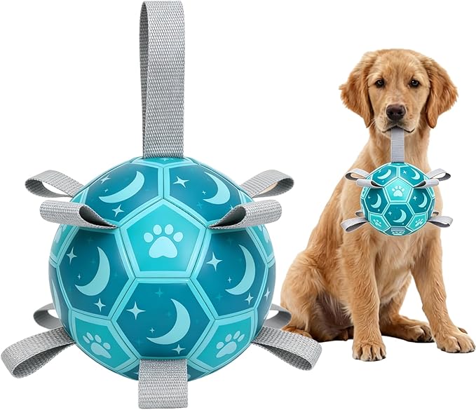 Dog Toys Balls, Dog Soccer Ball with Straps, Dog Birthday Gifts, Durable Balls for Small Medium Pet, Puppy Outdoor Toy, Pet Training Soccer Ball, World Cup Soccer (6 Inch) (Blue, Large)