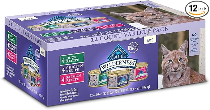 Blue Buffalo Wilderness High Protein, Natural Adult Pate Wet Cat Food Variety Pack, Chicken, Salmon, Duck 3-oz Cans (12 Count- 4 of Each Flavor)