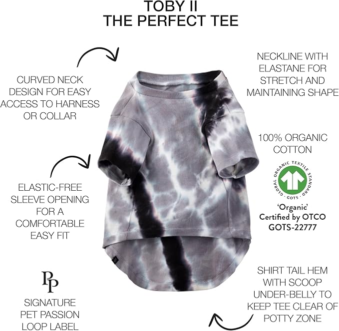 Pet Passion Toby II - The Perfect Tee, 3 Pack Short Sleeve Pet T-Shirt 100% Organic Cotton Tees Clothes for Small, Medium, Large Dogs, Black Sand Tie Dye, X-Large (55-80 lbs)