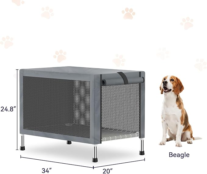 Medium Stainless Steel Elevated Dog Crate with Removable Cover, 2-in-1 Indoor & Outdoor Raised Pet House, Rust-Proof Dog Kennel with Silicone Anti-Slip Feet, Tool-Free Assembly