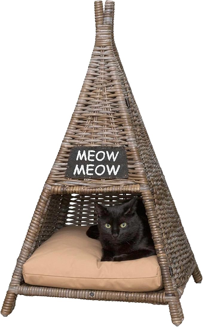 CBD1002A Tiki Tent 20" x 20" Coastal Handwoven Rattan Cat Bed with Machine-Washable Cushion, Kubu Gray