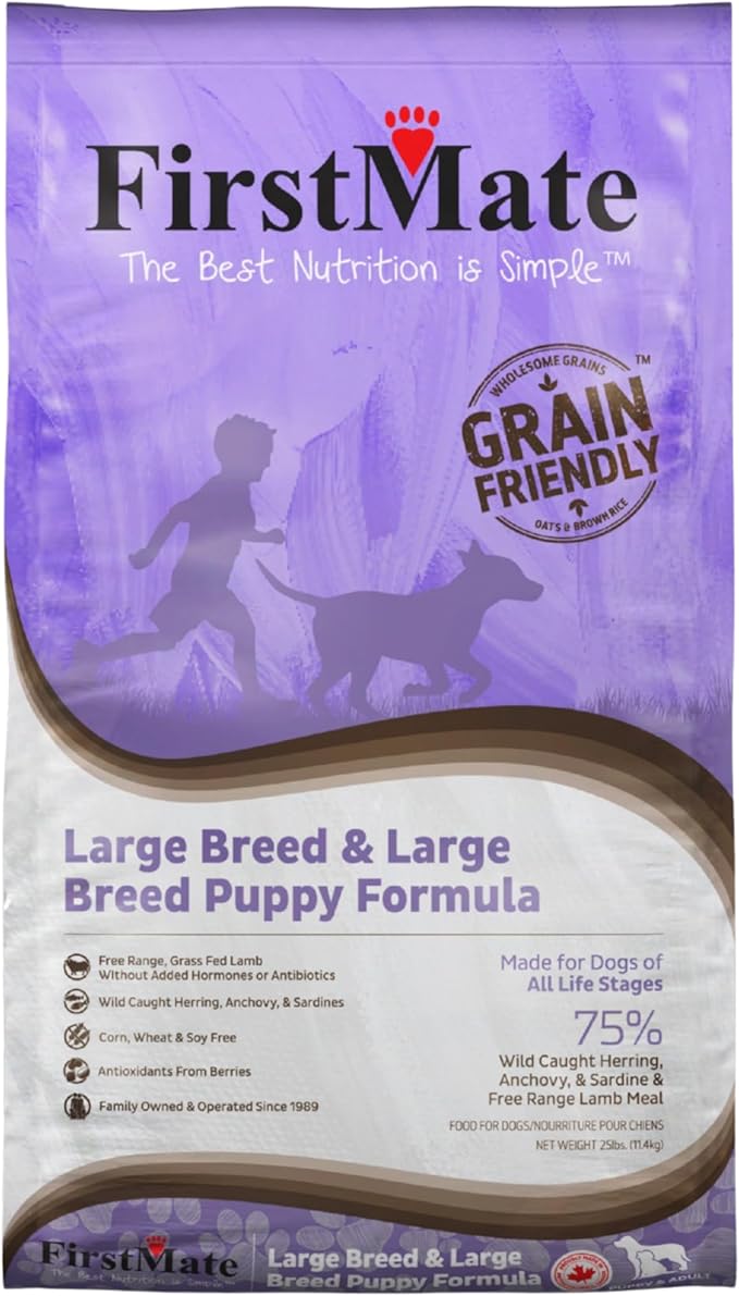 FirstMate Grain Friendly Dog Food Large Breed & Large Breed Puppy Formula – Wild Caught Fish & Grass Fed Lamb, Dry Dog Food for Growth & Joint Support, Pea Free & Potato Free – 25 lb Bag