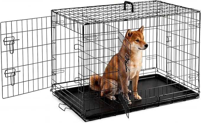 Dog Crate - Medium 36 Inch Double Door Portable Dog Cage, Metal Wire Pet Kennel with Secure Lock, Leak-Proof Pan Tray, Foldable Design for Dogs Pets Indoor Training and Outdoor Trave
