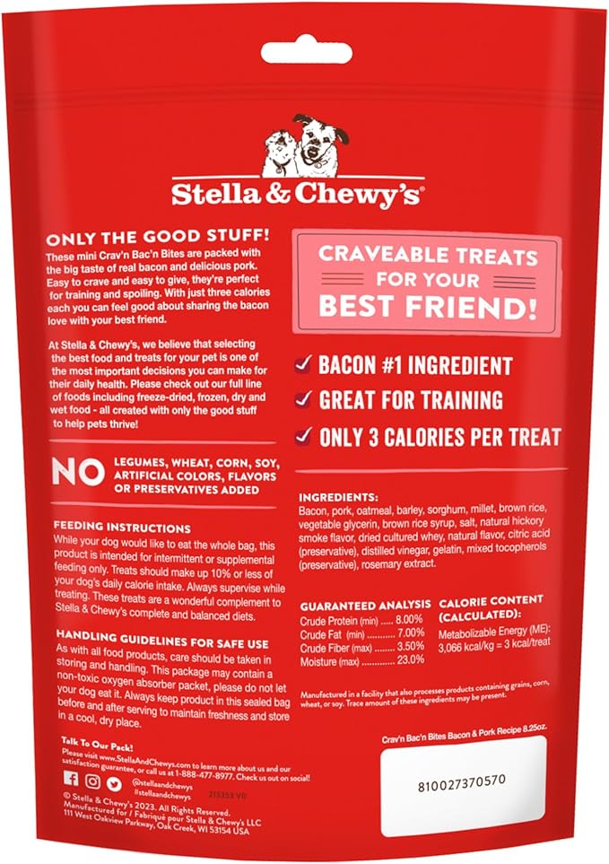 Stella & Chewy's Training Dog Treats - Crav'n Bac'n Soft Bacon & Pork Bites - Premium USA Made - Low Calorie Rewards - 8.25oz