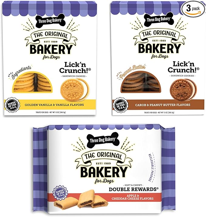 Three Dog Bakery Classic Cookies Variety Pack Dog Treats, Crunchy Baked Dog Cookies, Peanut Butter, Carob, Vanilla, Assorted Flavors, Bulk Dog Treats Made in The USA, 36 oz (Pack of 3)