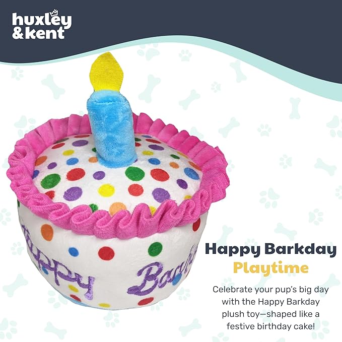 Huxley & Kent Funny Dog Toy w/Squeaker – Power Plush Squeaky Dog Toys for Small, Medium & Large Dogs – Soft Stuffed Animal for Indoor Play & Fetch - Happy Barkday Cake, Large