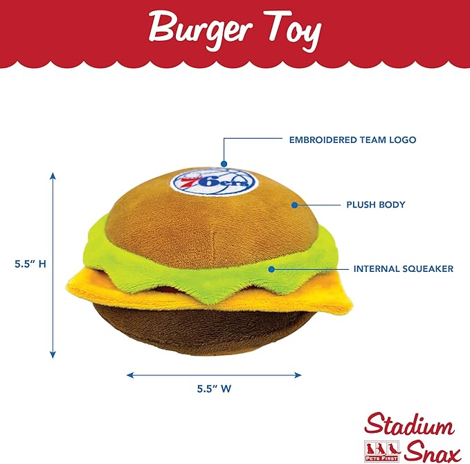 Pets First NBA Philadelphia 76ers Cheese Burger Plush Dog & CAT Squeak Toy - Cutest Stadium HAMBERGER Snack Plush Toy for Dogs & Cats with Inner Squeaker