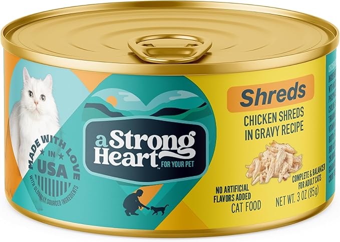 A Strong Heart Wet Cat Food, Chicken Shreds in Gravy, Made with Whole Muscle Chicken, Made in the USA, 3oz Can (Pack of 24)