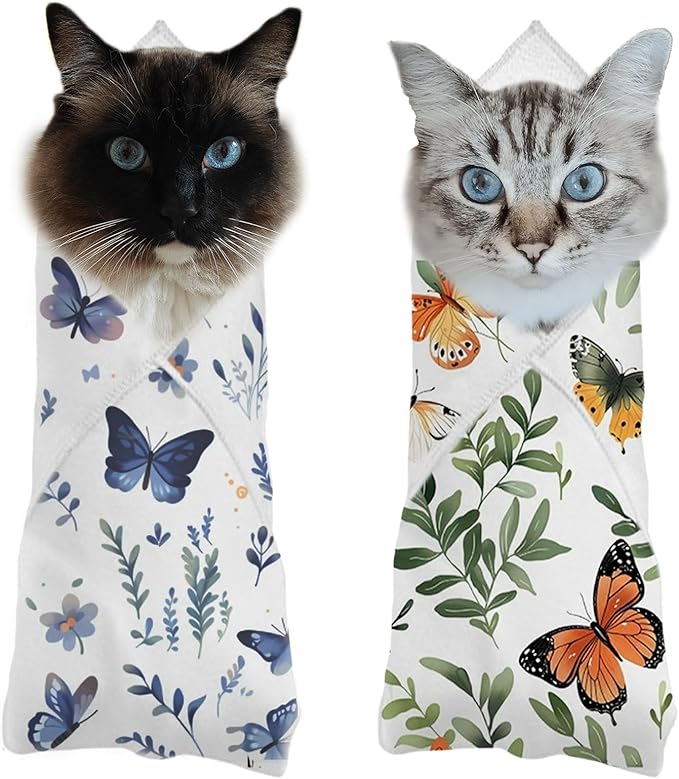 Oncpcare 2PCS Cat Wrap for Cutting Nails, 21x21in Self-Adherent Pet Cat Grooming Wrap for Medicine, Nail Clipping, Teeth Brushing, Ear Cleaning | Anti-Escape Anti-Bite Anti-Scratch (Butterfly)
