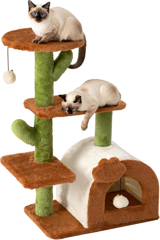 Cactus Cat Tree for Indoor Cats with Cozy Condo Wide Top Perch 27.5", Multi-Level Cat Tower with Climbing and Lounging Space Plush, Toy Ball, Brown