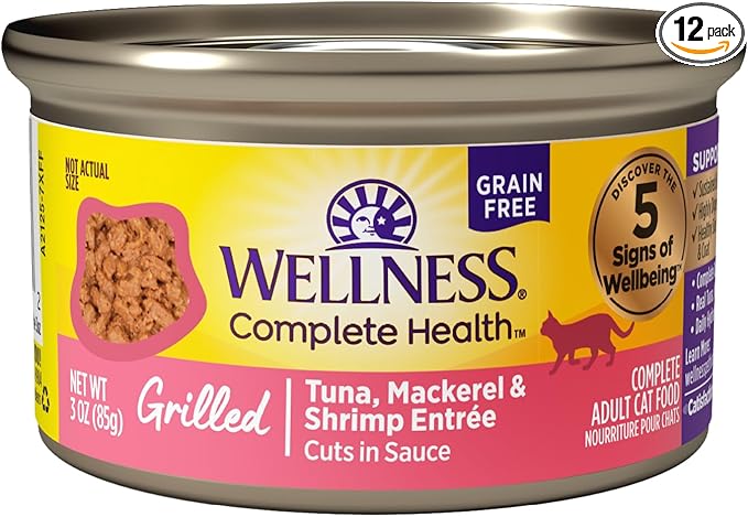 Wellness Complete Health Grilled Adult Canned Wet Cat Food, Natural, Protein Rich, Grain Free, Tuna, Mackerel, and Shrimp Entrée Recipe, 3 oz, Pack of 12 Cans
