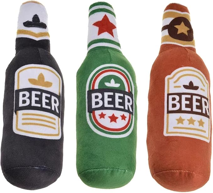 Squeak Dog Toy Soft Plush- Chew Beer-Bottle Shape Squeeze with Squeaker for Medium & Small Dog, 24*7cm