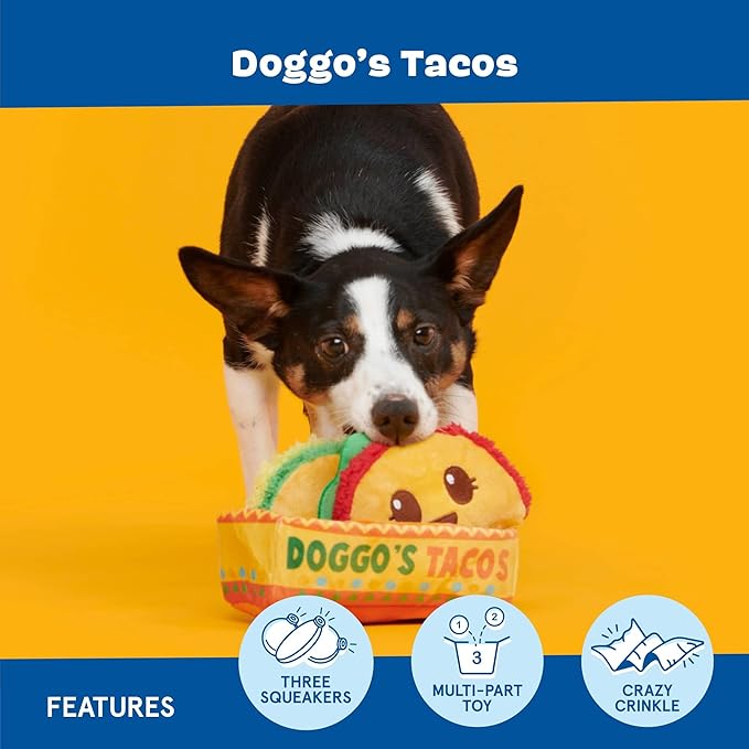 Barkbox Doggo's Tacos 3-in-1 Interactive Plush Dog Toy - Squeaky Dog Toys with Crinkle Holder - for Small to Medium Dogs and Puppies