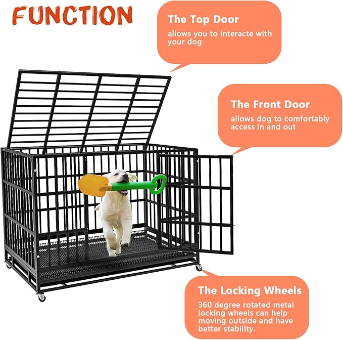 LEMBERI 48 Inch Heavy Duty Indestructible Dog Crate, Escape Proof Double Door Dog Kennel with Lockable Wheels, High Anxiety Extra Large Dog Cage Indoor Use, with Removable Tray