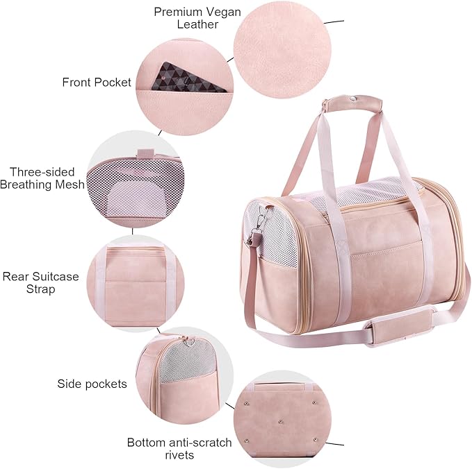 Lasaviin Fashion Leather Dog Carrier Cat Carrier Airline Approved Pet Carrier for Small Medium Dogs Cats Under 15Lbs, Collapsible Soft Sided Travel Puppy Carrier Pink