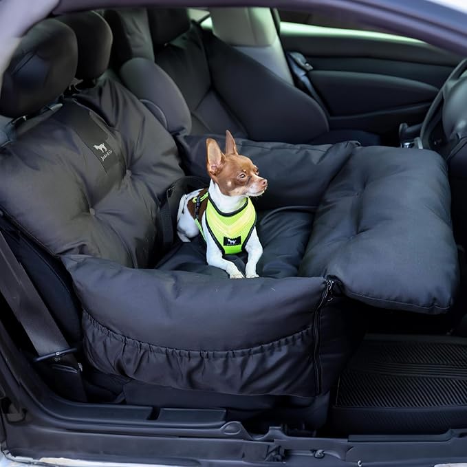 JACKO & CO Premium Dog Car Seat – Safe & Cozy Travel Bed Carrier for Small Dogs, Puppies, Pets, Clip-On Leash, Storage Pockets, Water-Resistant, Machine Wash (Black, Standard Small (1-25lbs))