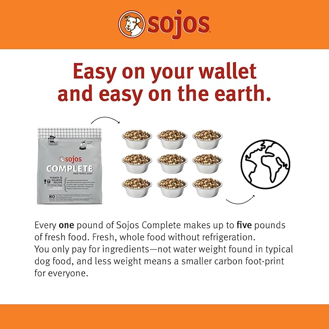 Sojos Complete Freeze Dried Raw Senior Dry Dog Food, Grain Free, Natural, Turkey and Salmon Recipe, 7 lb Bag