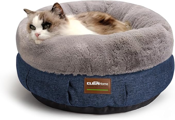 ClevaHome Calming Soft Plush Donut Cat Bed, Fluffy Round Cat Bed for Indoor Cats, Washable Kitten Bed with Plush Faux Fur, Anti-Slip Bottom, Denim Grey