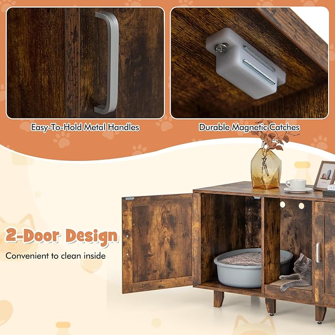 Giantex Cat Litter Box Enclosure - Cat Washroom Hidden Furniture, 2 Storage Cabinets, Removable Cat Scratcher, Air Vents, Detachable Legs, Wood Pet Crate Indoor Cat House TV Stand (Rustic Brown)