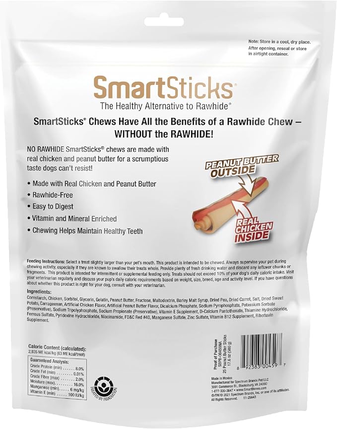 SmartBones SmartSticks With Real Peanut Butter, Rawhide-Free Chews for Dogs, 25 Count